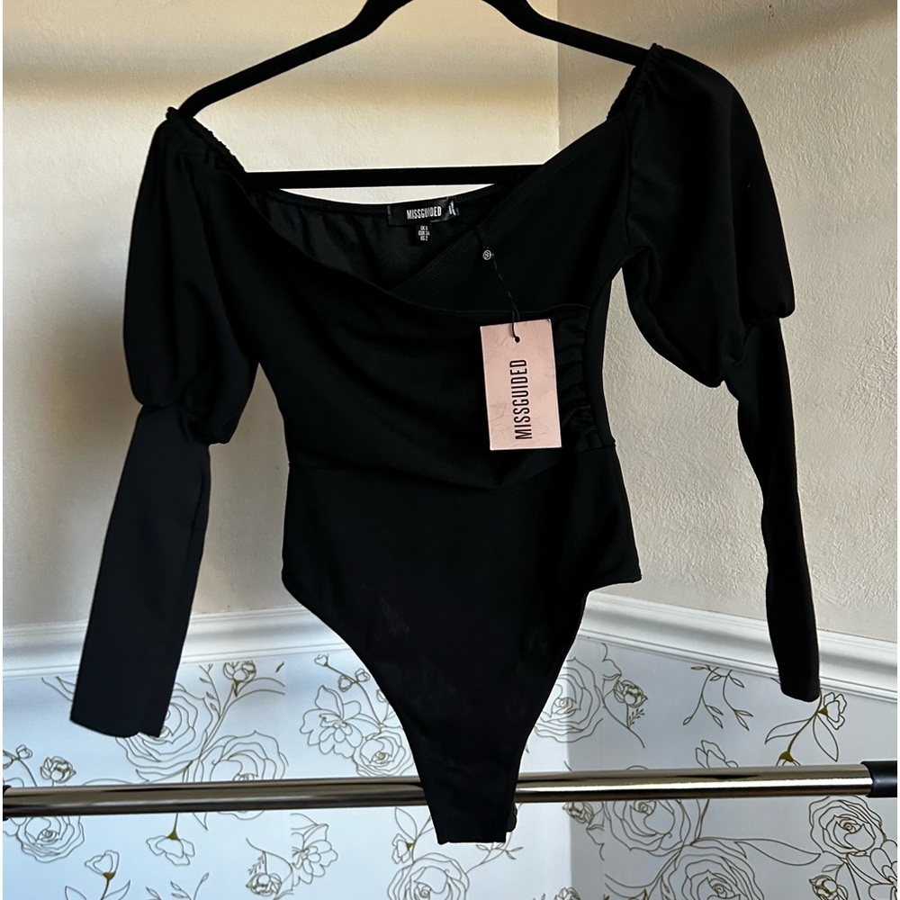 Misguided black bodycon bodysuit long sleeve puff sleeve NWT
